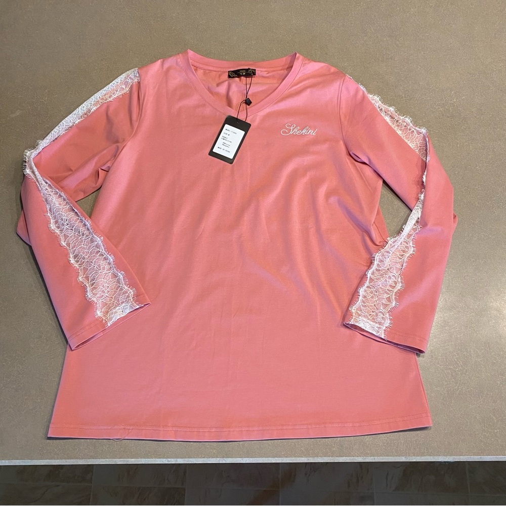 Shekini Pink Long Sleeve Top with Lace Accents size medium